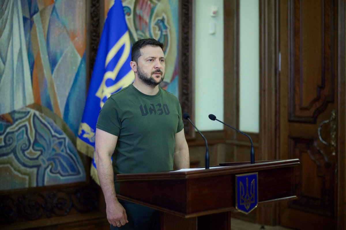 Ukraine's President Volodymyr Zelensky attends a ceremony marking Tank Troops Day in Kyiv on September 14, 2023. (Ukrainian Presidential Press Service/handout via AFP)