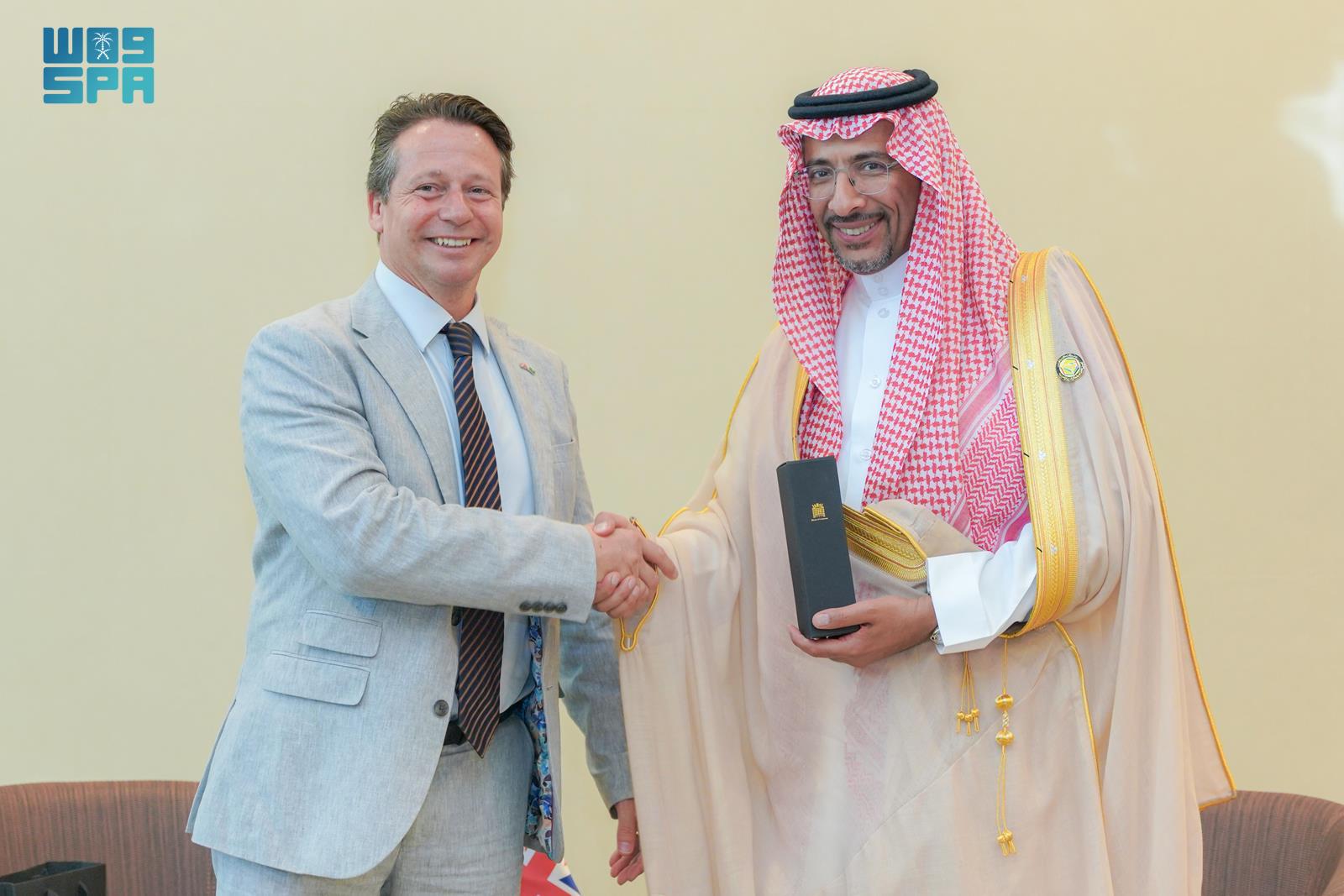 Saudi Minister of Industry and Mineral Resources, Bandar bin Ibrahim Alkhorayef, during meeting with Minister of State for International Trade, Nigel Huddleston. (SPA)