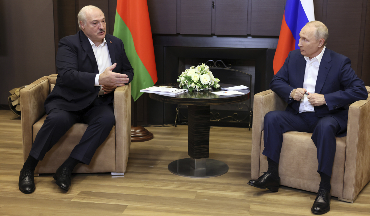Russian President Vladimir Putin, right, and Belarusian President Alexander Lukashenko talk during their meeting in Sochi, Russia, Friday, Sept. 15, 2023. (AP)