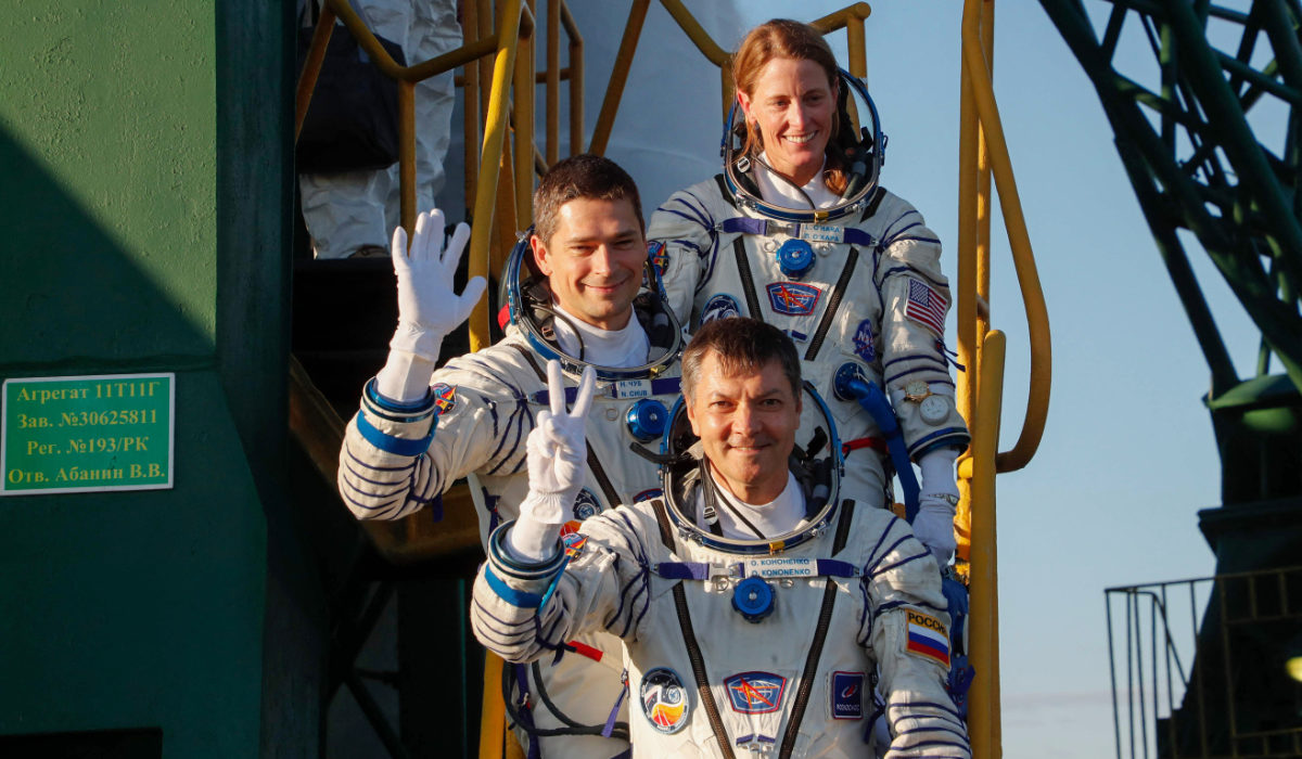 (Bottom-top) Russian Roscosmos cosmonauts Oleg Kononenko and Nikolai Chub and US NASA astronaut Loral O’Hara, members of the International Space Station (ISS) Expedition 70-71 main crew, board the Soyuz MS-24 spacecraft ahead of the launch in the Russian leased Baikonur cosmodrome in Kazakhstan on September 15, 2023. (AFP)