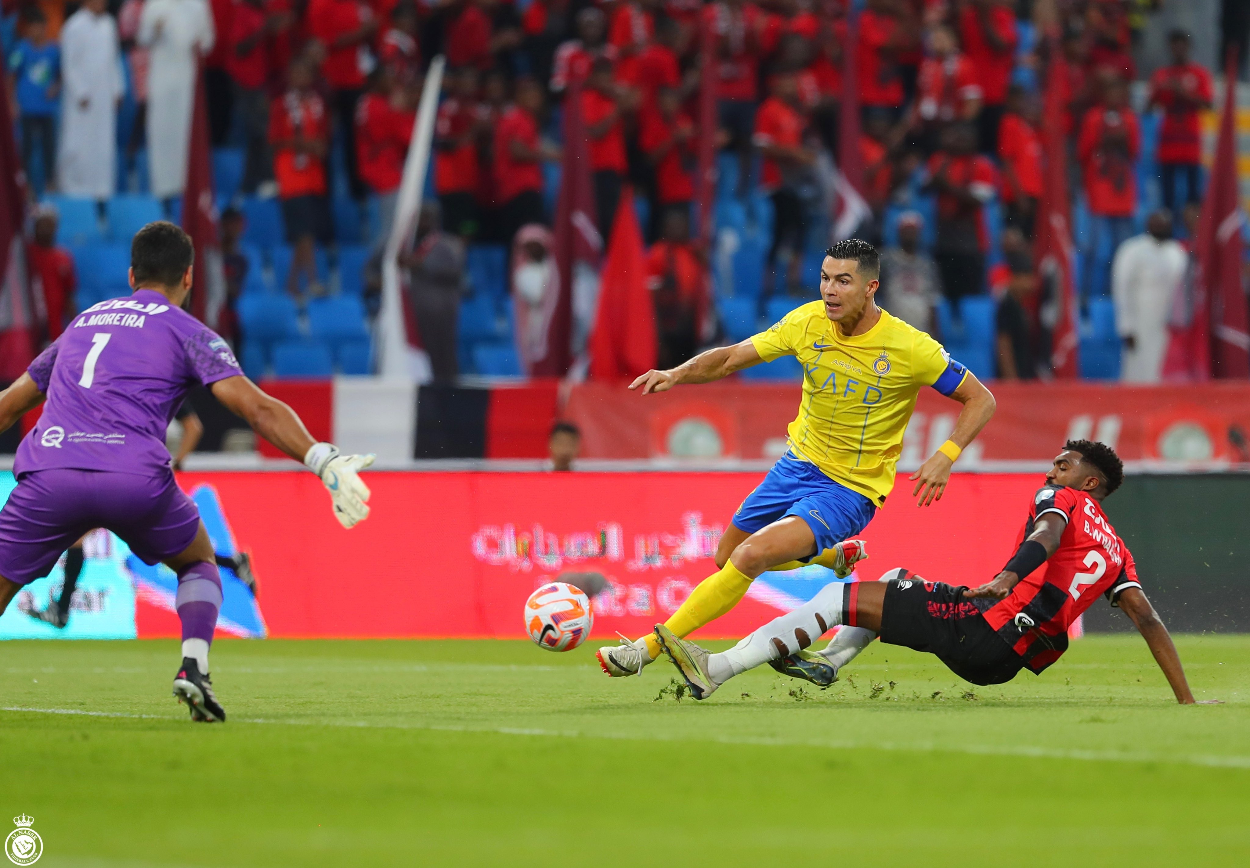 Cristiano Ronaldo scored a magnificent seventh goal of the season to head the goalscoring charts as Al-Nassr won 3-1 at Al-Raed on Saturday. (Twitter/@AlNassrFC)