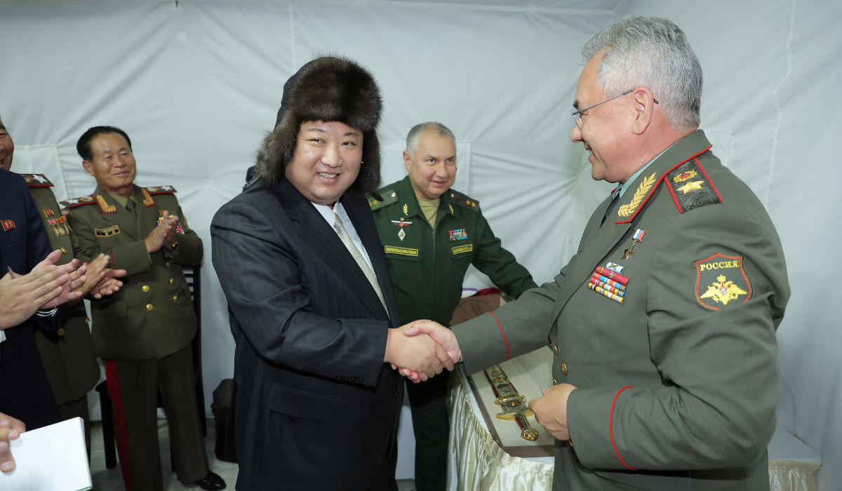 North Korean leader Kim Jong Un shakes hands with Russia's Defence Minister Sergei Shoigu, as he visits Vladivostok, Russia, September 16, 2023 released by the Korean Central News Agency on September 17, 2023. (REUTERS)
