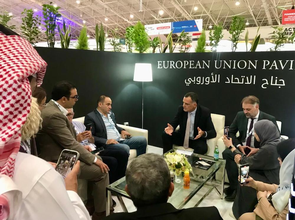 Above, EU Ambassador Christophe Farnaud presents the first European Union Pavilion at the Saudi food trade show Foodex in Riyadh. (Supplied)