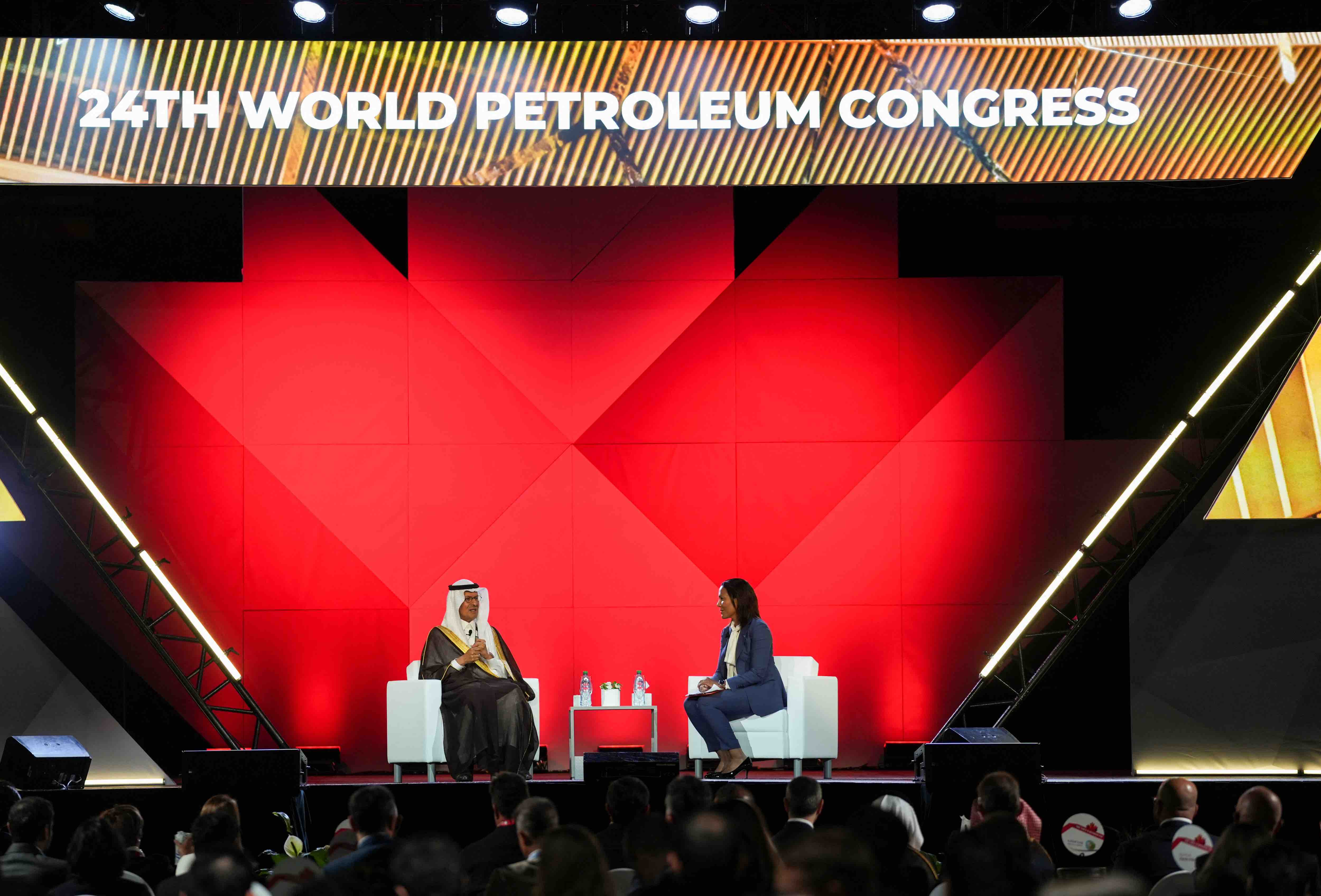 Saudi Energy Minister Prince Abdulaziz bin Salman speaks with Helima Croft of RBC Capital Markets during the World Petroleum Congress in Calgary, Alberta, Canada. Reuters