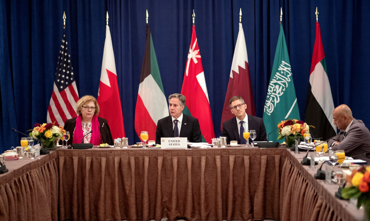 US Secretary of State Antony Blinken attends breakfast with the Foreign Ministers of the Gulf Cooperation Council (GCC) on September 18, 2023 in New York. Right is GCC Secretary General Jasem Mohamed Al-Budaiwi. (AFP)