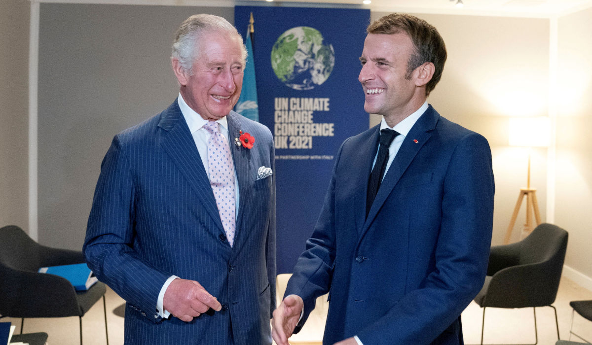 Britain's Charles, Prince of Wales, greets France's President Emmanuel Macron ahead of their bilateral meeting on the sidelines of the UN Climate Change Conference (COP26) in Glasgow, Scotland, Britain November 1, 2021. (REUTERS)