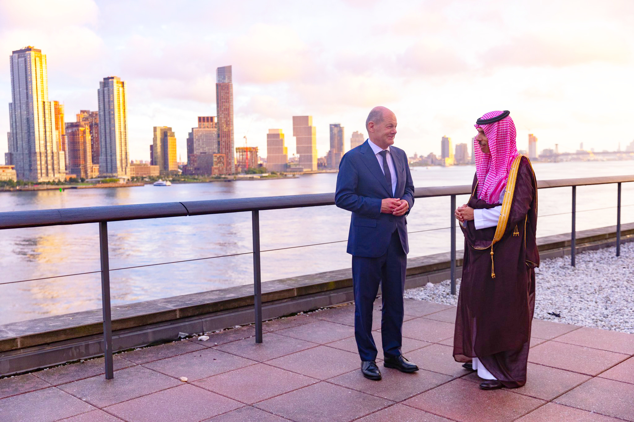 Saudi Foreign Minister Prince Faisal bin Farhan with Olaf Scholz in New York. (SPA)