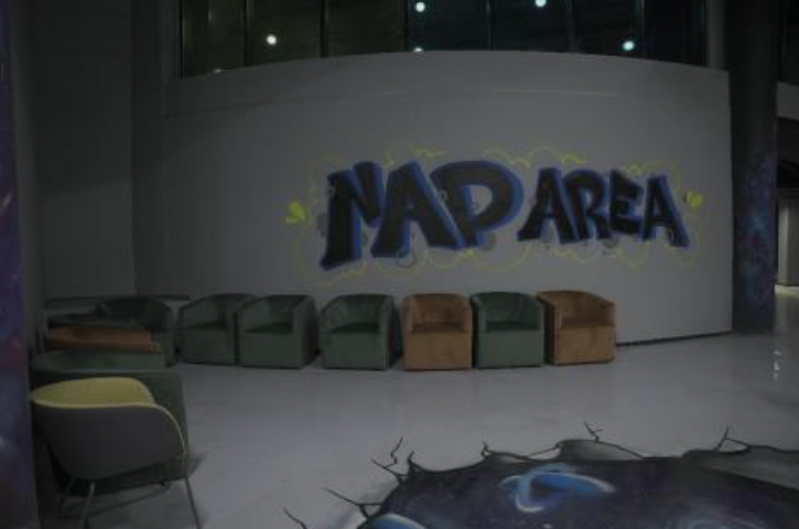 The nap zone is a monochromatic grey room, built with insulated walls to insure a quiet space for employees looking to rest. (Supplied)