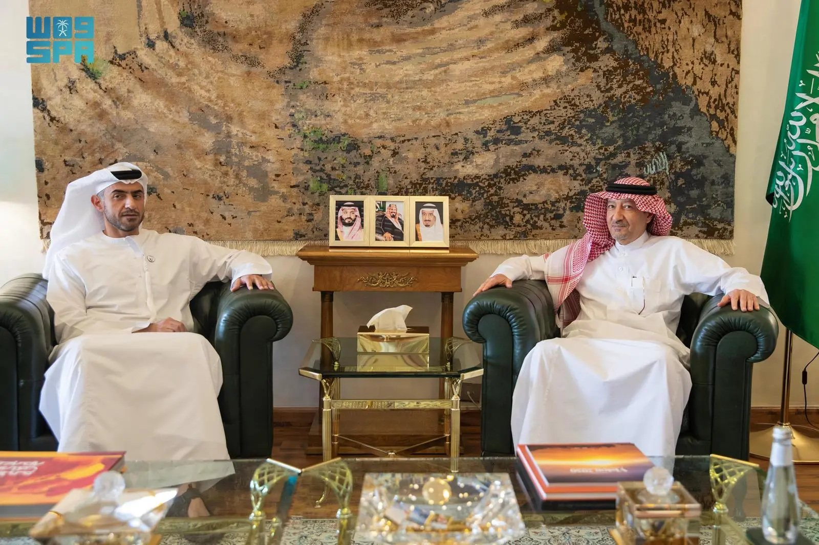 Saudi Deputy Minister of Foreign Affairs Waleed Al-Khuraiji meets Emirati ambassador to the Kingdom Sheikh Nahyan bin Saif. (SPA)