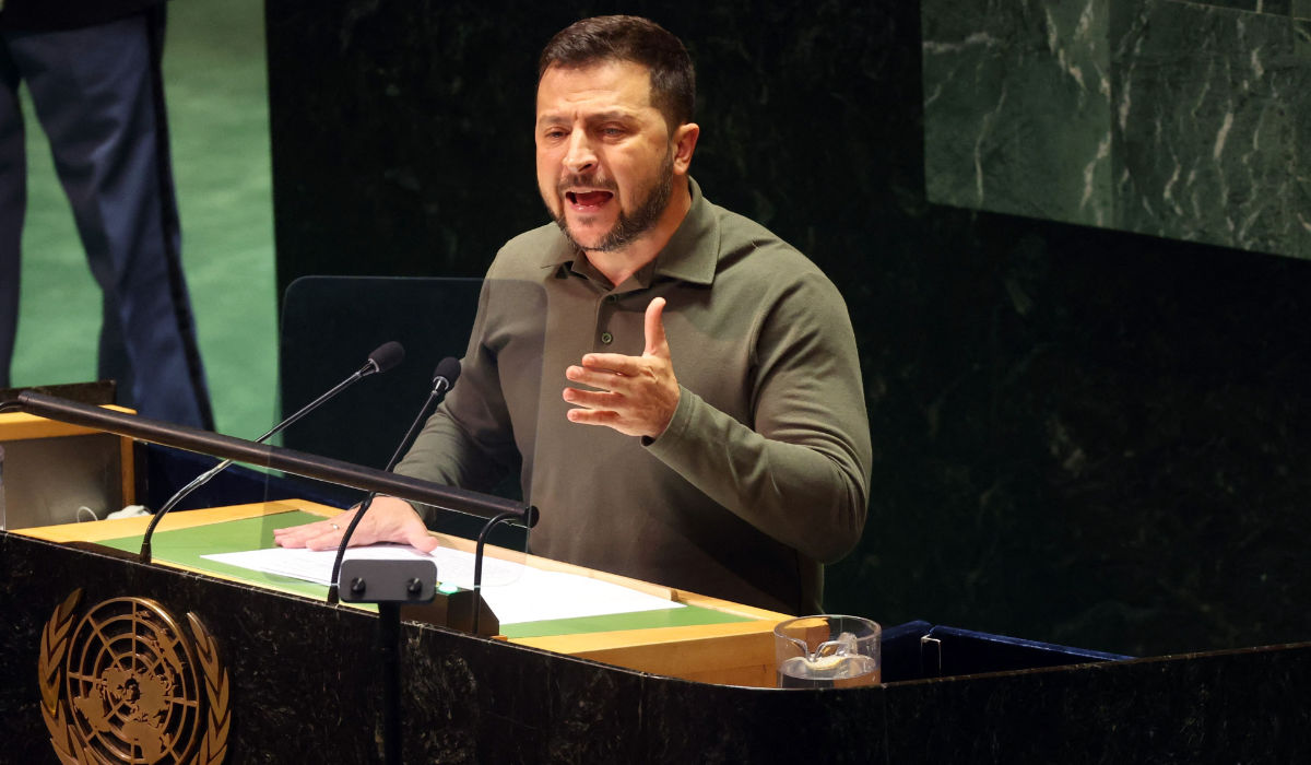 President of Ukraine Volodymyr Zelensky addresses world leaders during the United Nations (UN) General Assembly on September 19, 2023 in New York City. (AFP)