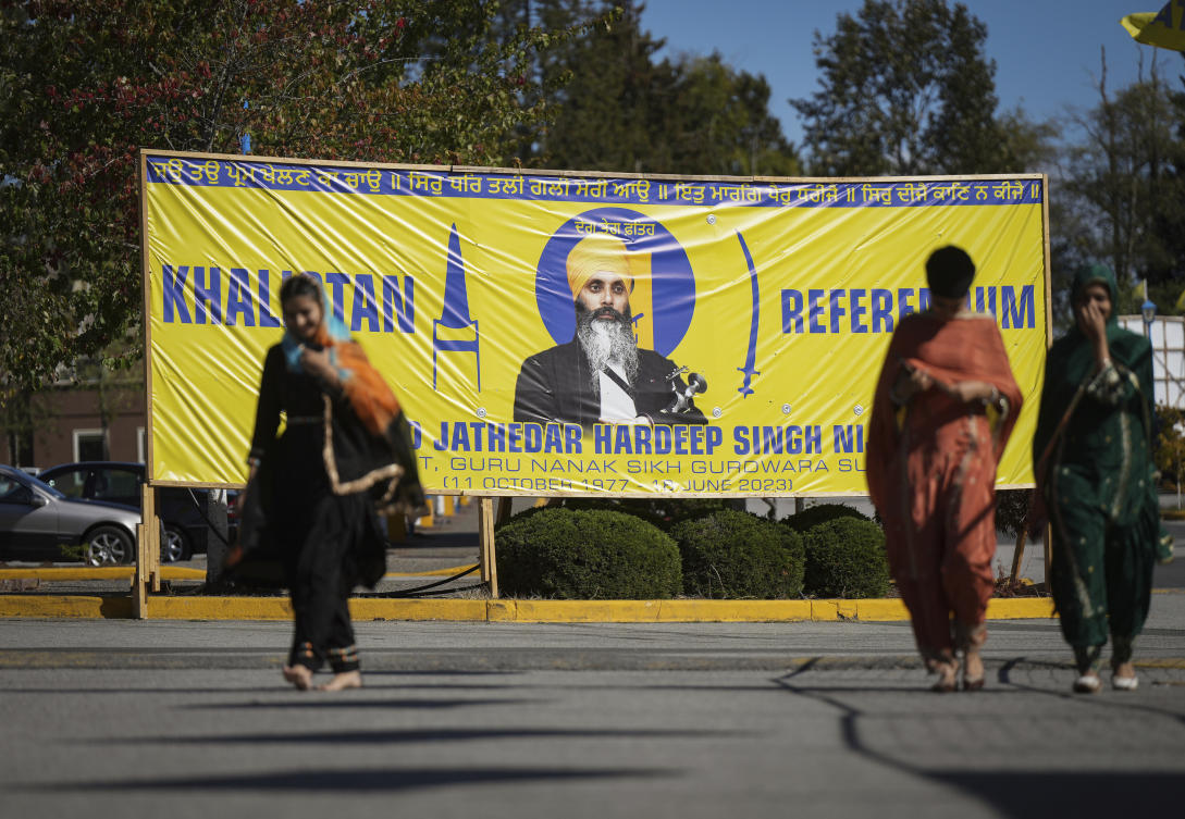 Hardeep Singh Nijjar was gunned down in his vehicle while leaving the Guru Nanak Sikh Gurdwara Sahib temple parking lot, above, in Surrey, British Columbia last June. (The Canadian Press via AP)