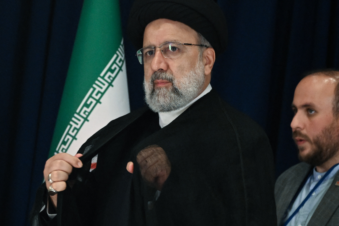 Iranian President Ebrahim Raisi departs following a news conference on the sidelines of the 78th United Nations General Assembly, at UN headquarters in New York City. (File/AFP)