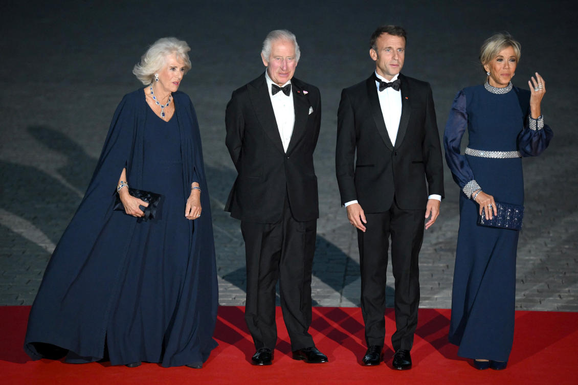 Britain's Queen Camilla, Britain's King Charles III, French President Emmanuel Macron and French president's wife Brigitte Macron arrive to attend a state banquet at the Palace of Versailles, west of Paris on the first day of a British royal state visit to France.(REUTERS)
