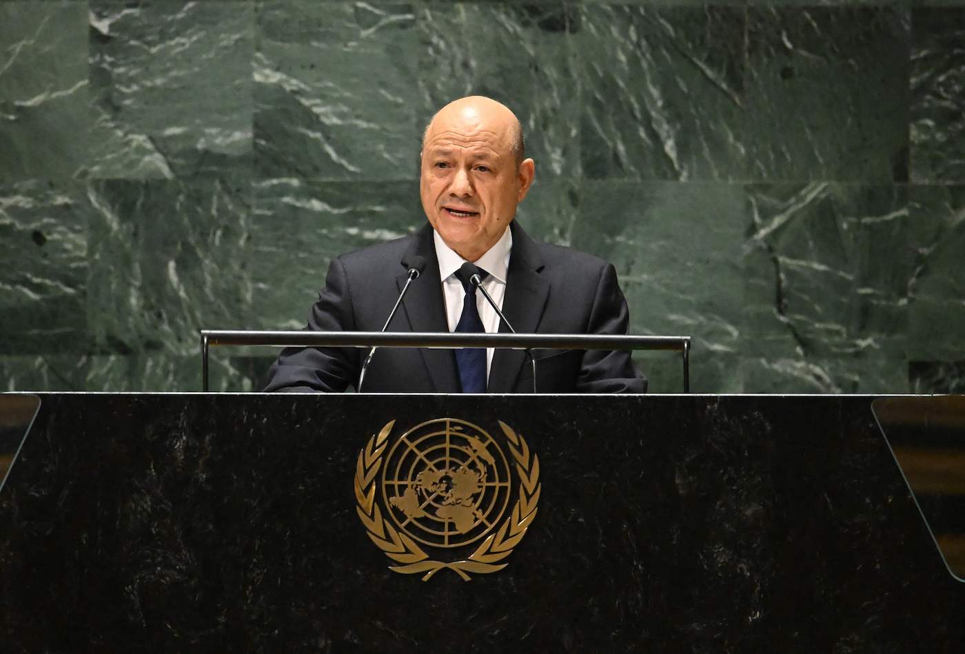 Chairman of Yemen’s Presidential Leadership Council, Rashad Al-Alimi, addresses 78th UNGA in New York City on September 21, 2023. (AFP)