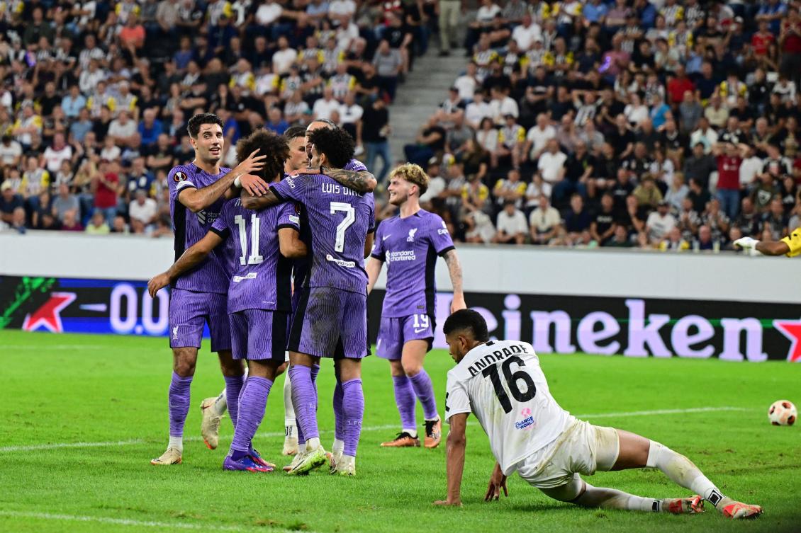 Liverpool’s team celebrates the 1-3 during their UEFA Europa League Group E match against Linzer ASK in Linz, Austria on Sept. 21, 2023. (AFP)