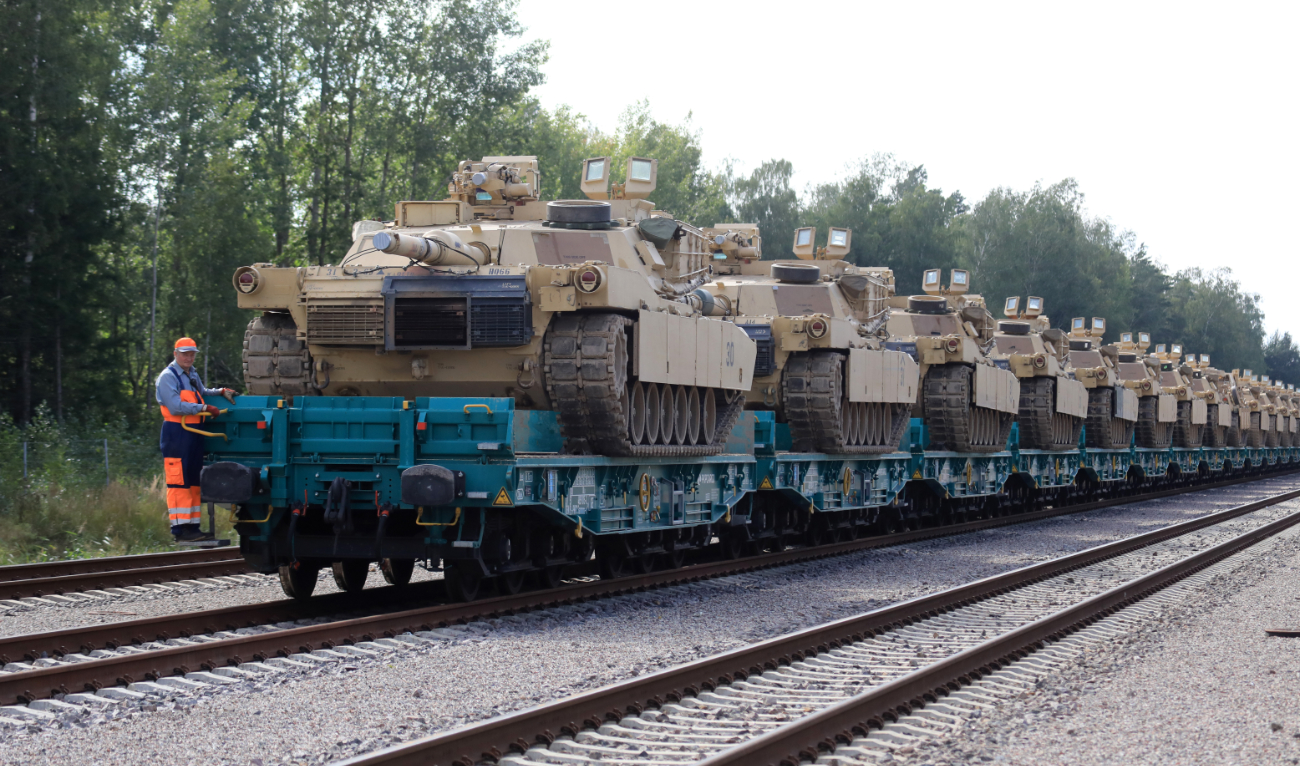 US Army Abrams tanks of the 2nd Brigade 69th Regiment 2nd Battalion are pictured at Mockava railway station in Lithuania, on September 5, 2020. (AFP/File)