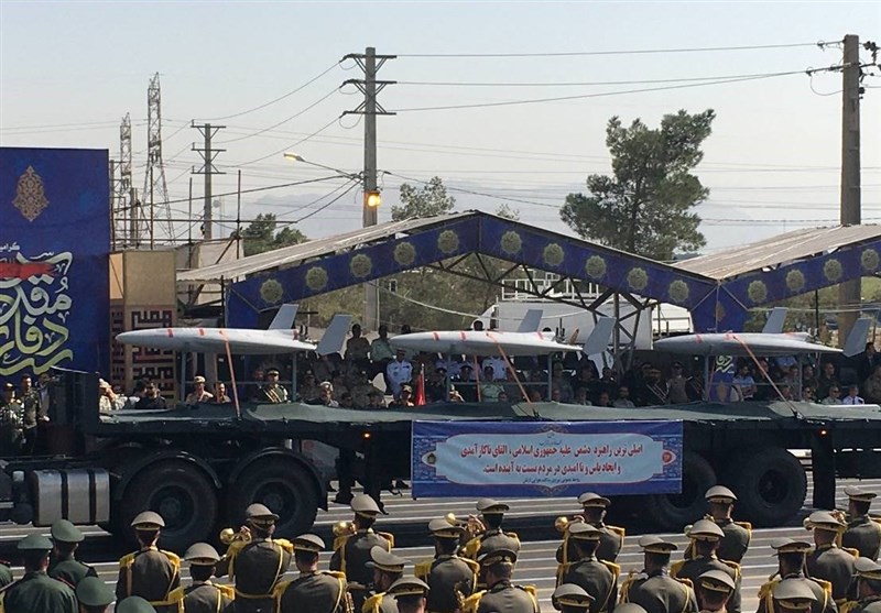 Drones displayed in the event were named MoHajjer, Shahed and Arash (TASNIM)