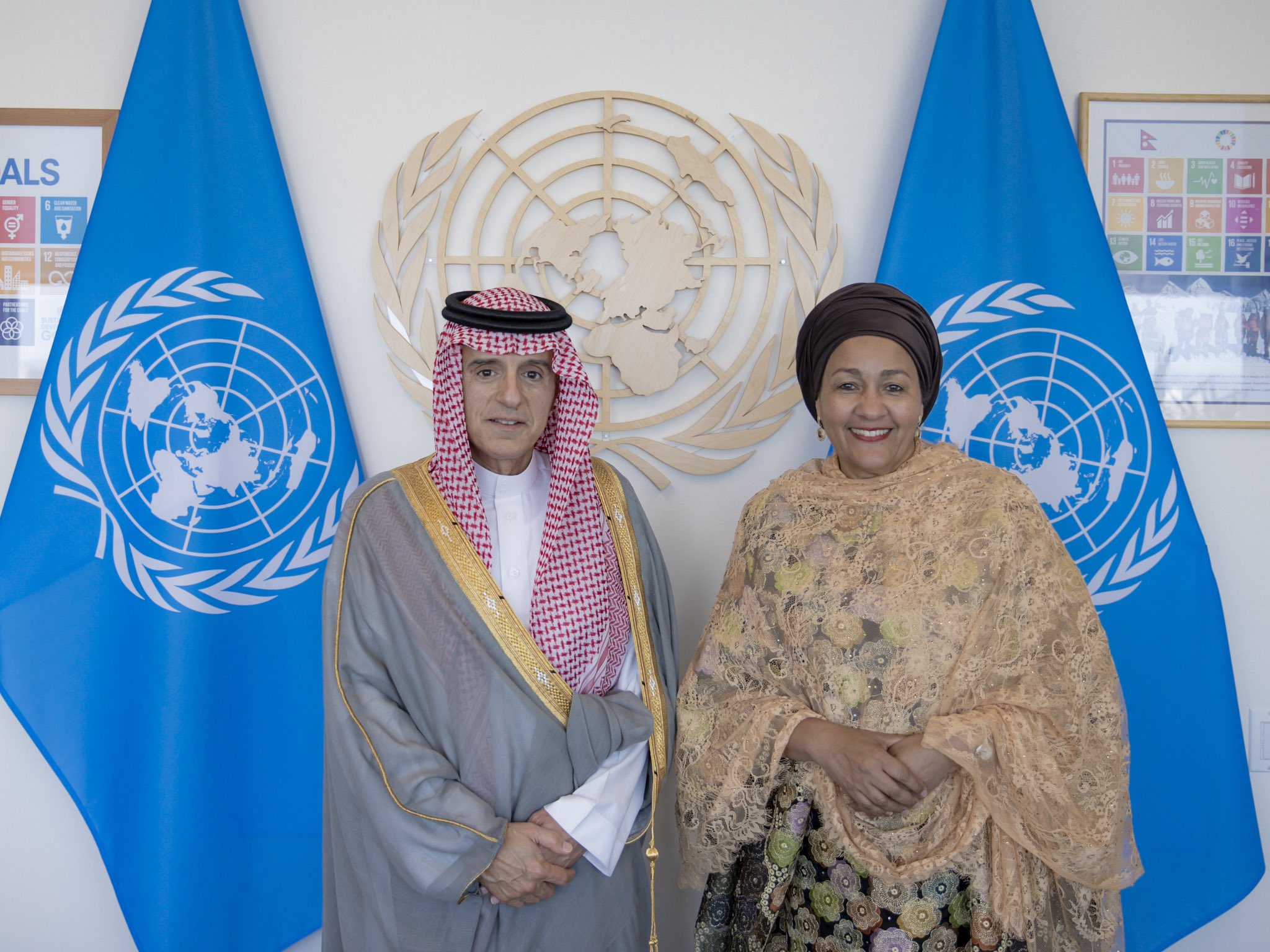 Adel Al-Jubeir, Saudi Arabia’s minister of state for foreign affairs and climate affairs envoy, met with UN’s Deputy Secretary-General Amina J. Mohammed. (Twitter: @KSAmofaEN)