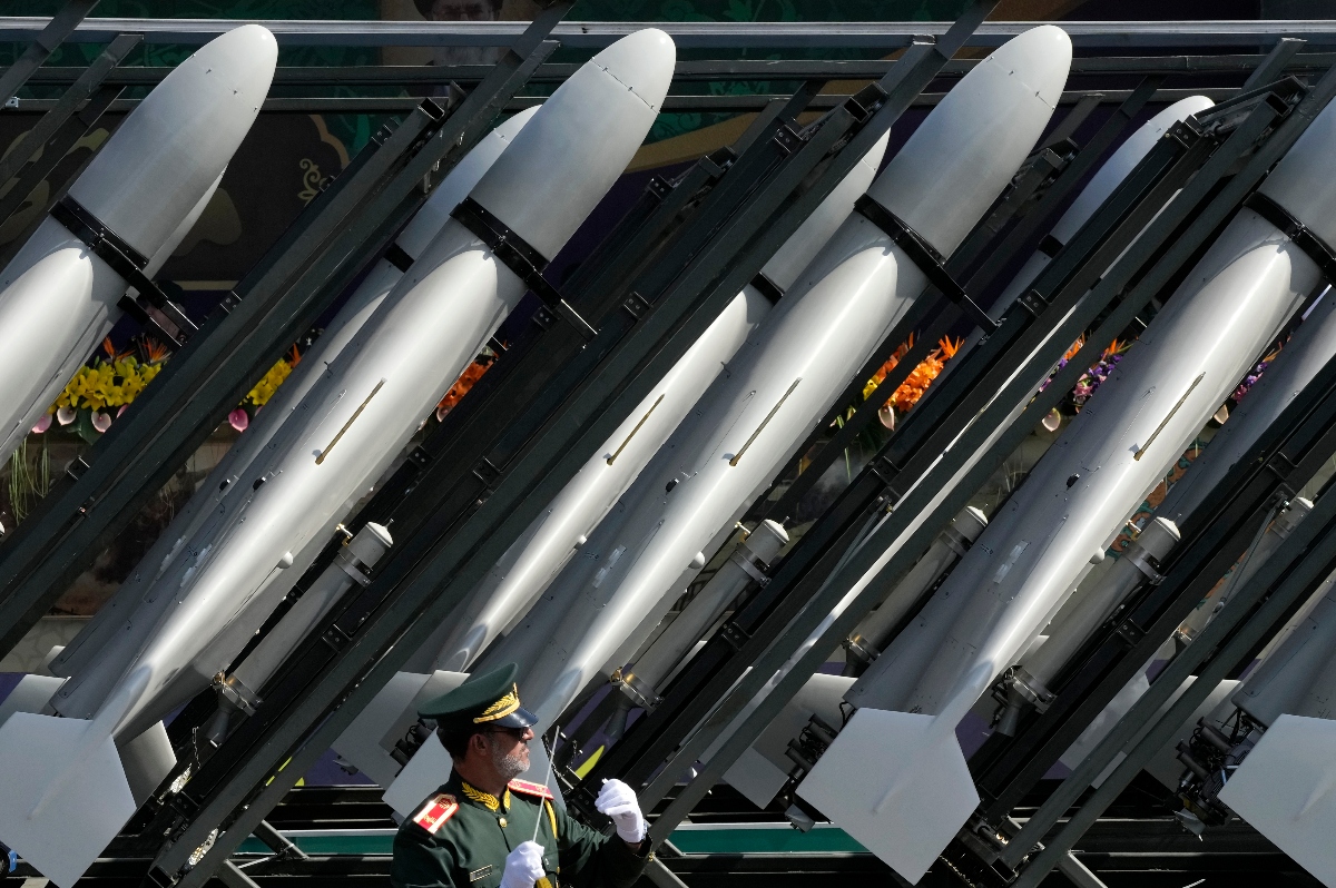 Iranian-made drones of the Revolutionary Guard aerospace division are seen on a truck during an annual military parade marking anniversary of the beginning of war against Iran by former Iraqi Dictator Saddam Hussein, in front of the shrine of the late revolutionary founder Ayatollah Khomeini. (AP)