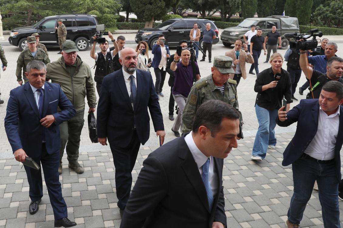 Representatives of the Armenian community of Nagorno-Karabakh arrive for the talks in the Azerbaijani city of Yevlakh, Azerbaijan on Sept. 21, 2023. (AP)