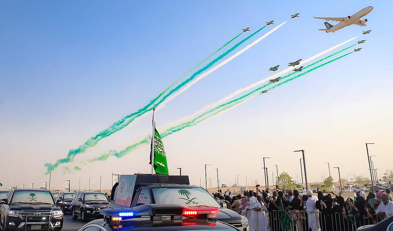 In this handout photo, taken and released by the Saudi Press Agency, civil and military aircraft fly over Riyadh during celebrations marking Saudi Arabia's 93rd National Day on September 23, 2023. (SPA)