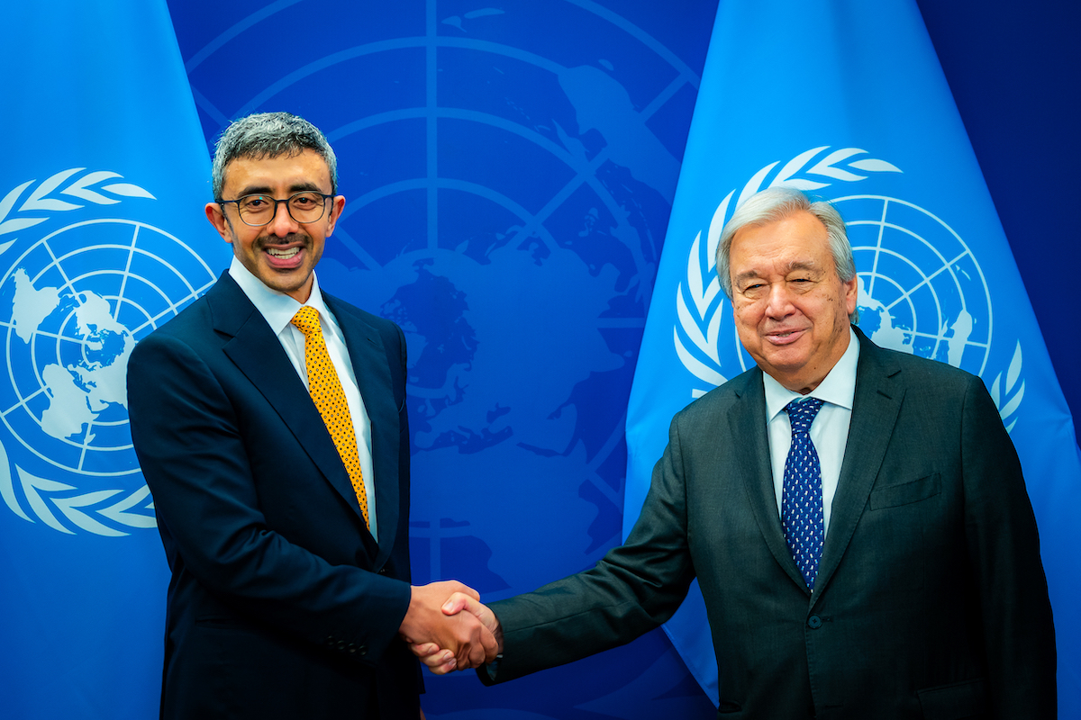 UAE Foreign Minister Sheikh Abdullah and UN Secretary-General Antonio Guterres on the sidelines of the 78th Session of the UN General Assembly in New York. (WAM)