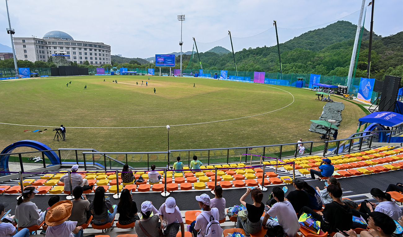 A general view of the Zhenjiang University of Technology Cricket Stadium is pictured during the 2022 Asian Games women’s third-place playoff cricket match between Bangladesh and Pakistan in Hangzhou, in China's eastern Zhejiang province on September 25, 2023. (AFP)
