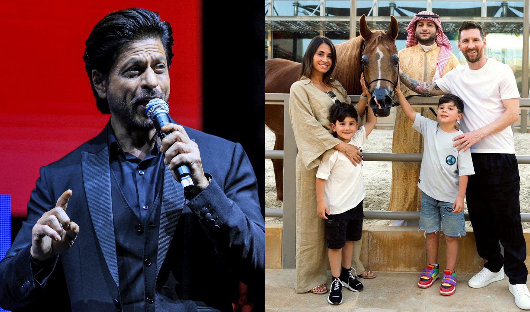 Combination of photos show Indian actor Shah Rukh Khan, left, at Red Sea Film Festival in Jeddah, and Argentinian football player Lionel Messi with his wife Antonela Roccuzzo and their sons in Riyadh. (Photos by, Red Sea Film Festival and Saudi Arabia Saudi Ministry of Tourism)