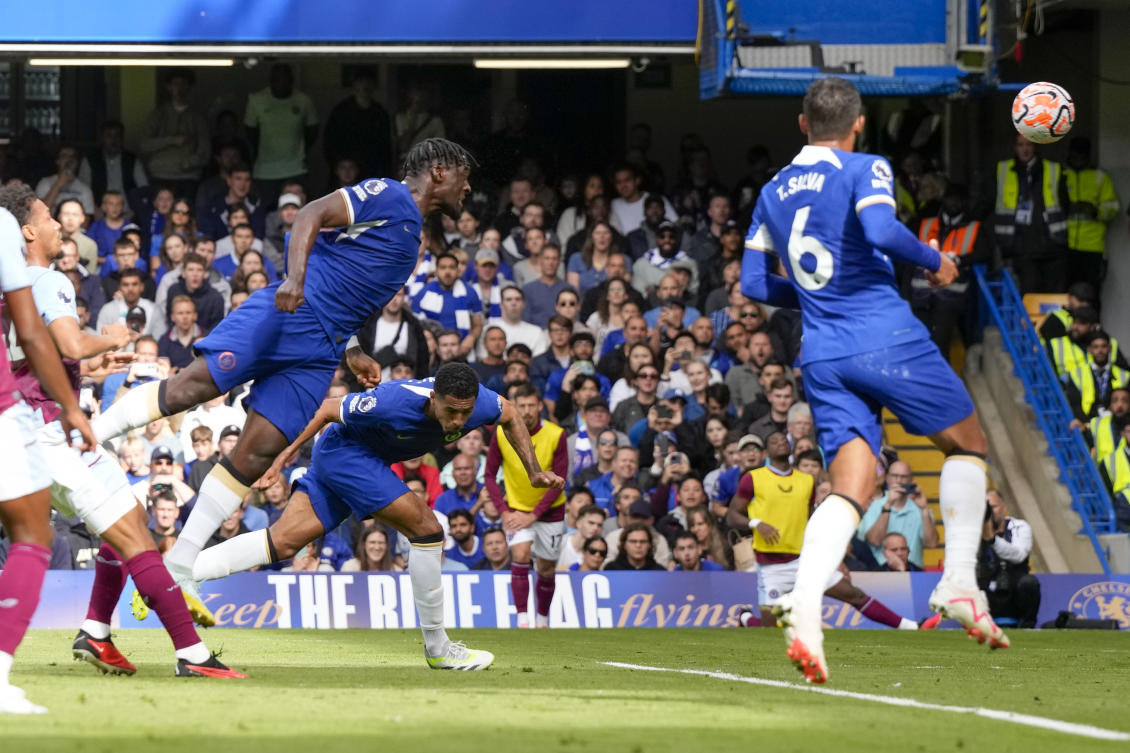Chelsea’s Axel Disai scores a disallowed goal during the English Premier League match against Aston Villa at Stamford Bridge stadium in London on Sept. 24, 2023. (AP)