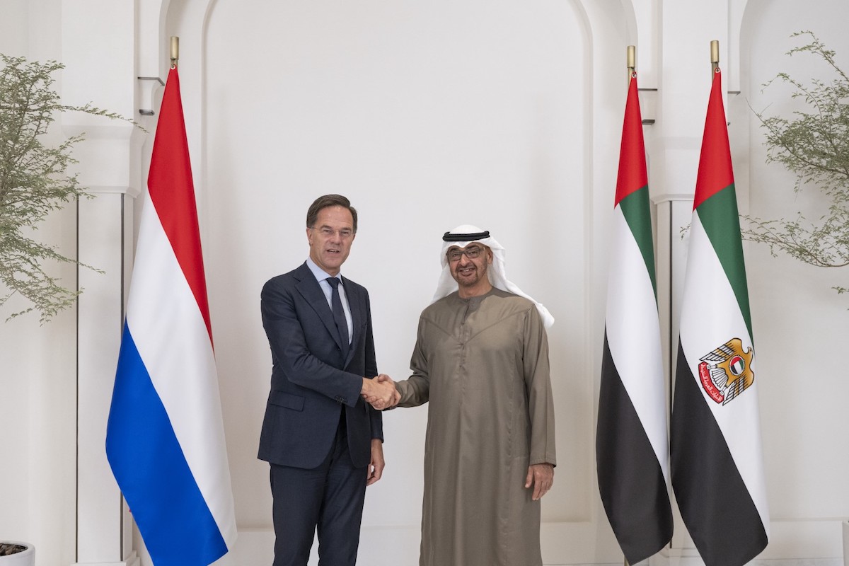 UAE President Sheikh Mohamed bin Zayed Al-Nahyan and Dutch PM Mark Rutte in Abu Dhabi. (WAM)