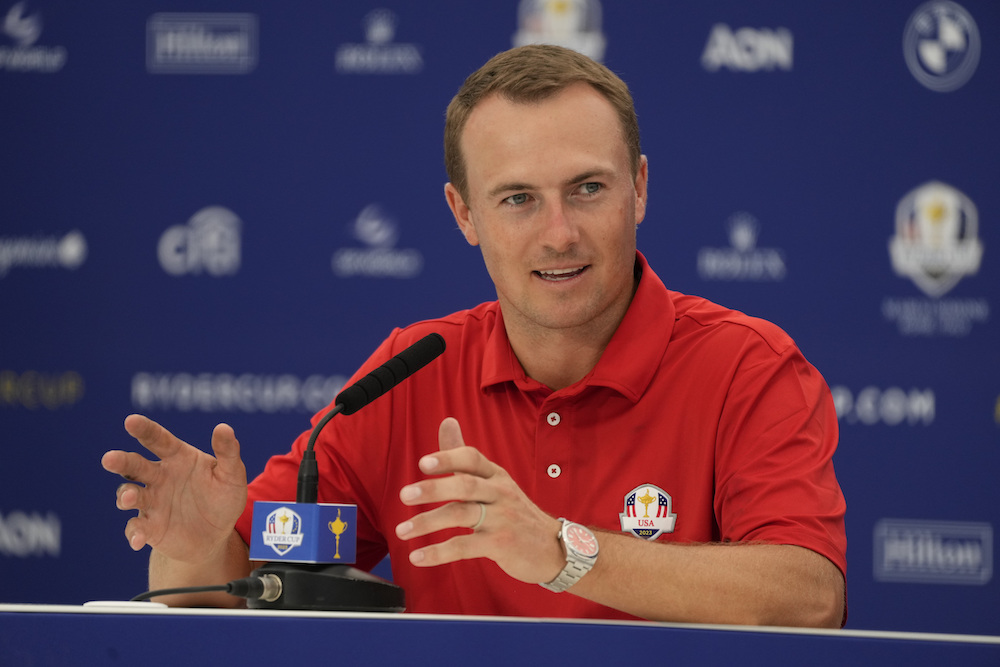 Jordan Spieth of the US attends a press conference ahead of the Ryder Cup at the Marco Simone Golf Club in Guidonia Montecelio, Italy, Tuesday. The Ryder Cup starts Sept. 29. (AP)