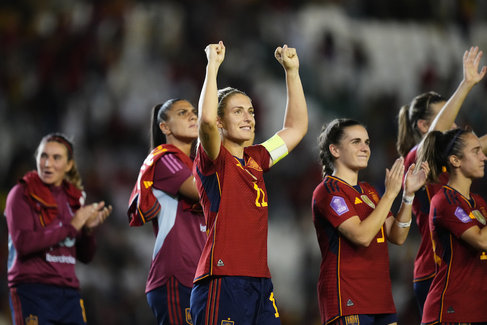 Spain's players celebrate their win against Switzerland after the end of the women's Nations League Group D soccer match between Spain and Switzerland at the Nuevo Arcangel stadium in Cordoba, Spain, Tuesday. (AP)