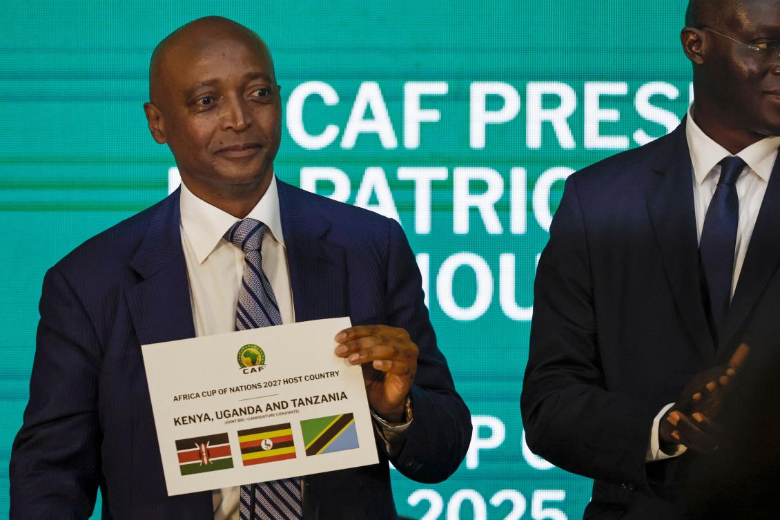 Patrice Motsepe, president of the Confederation of African Football (CAF), announces the host countries for the 2027 Africa Cup of Nations during a ceremony held in Cairo on Sept. 27, 2023. (AFP)