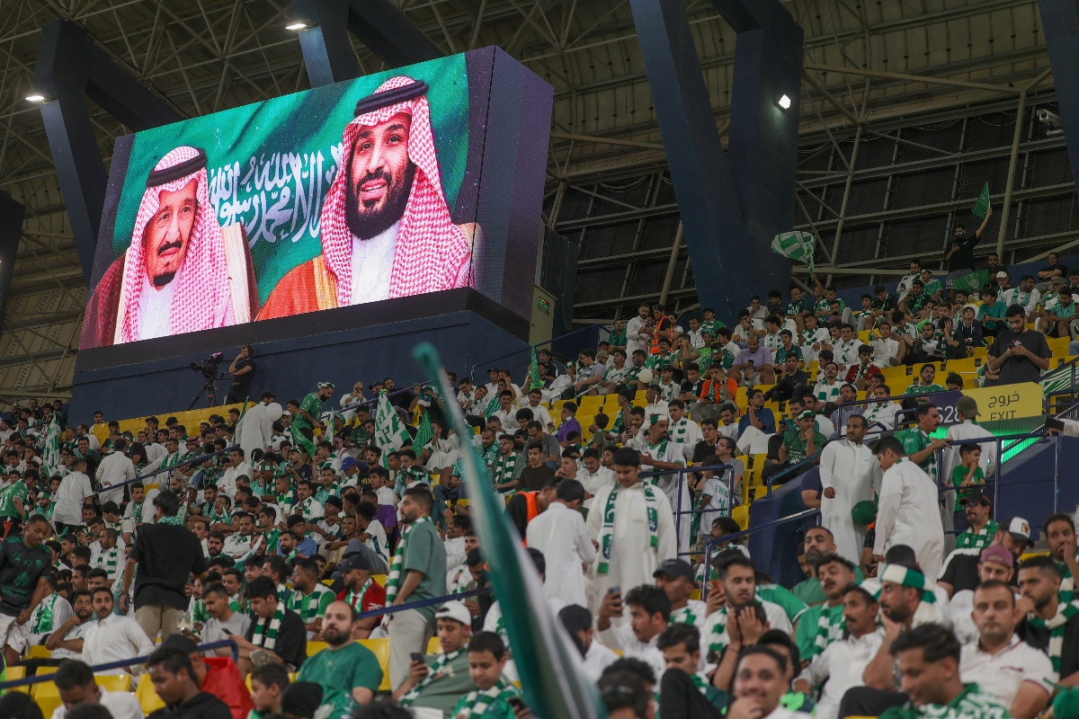 Ahli's supporters cheer in the stands ahead of the Saudi Pro League football match between Al-Nassr and Al-Ahli at the King Saud University Stadium in Riyadh, on September 22, 2023.(AFP)