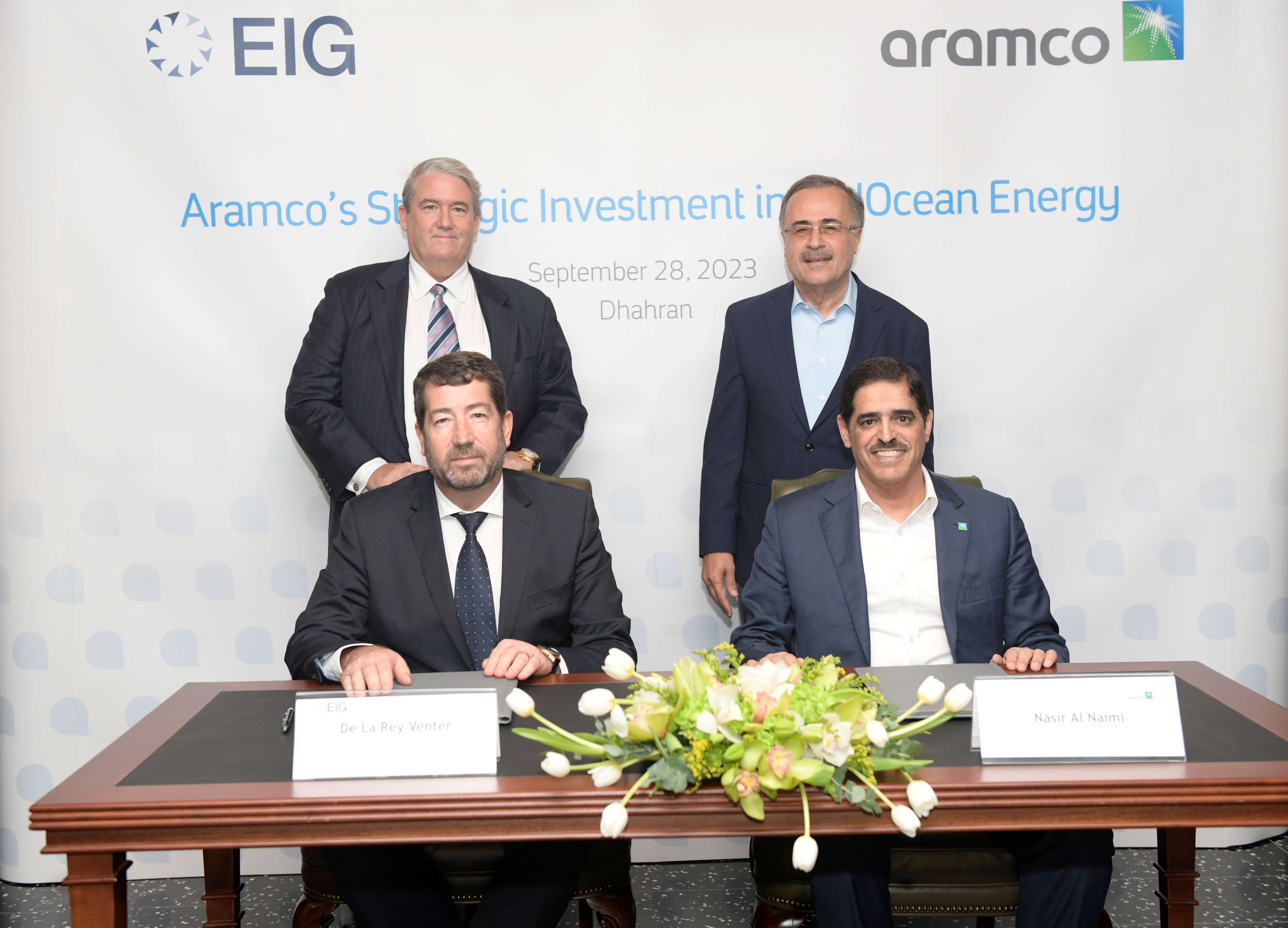 At the signing ceremony, front row, from left: MidOcean Energy CEO De la Rey Venter and Aramco Upstream President Nasir Al-Naimi. Back row, from left: EIG Chairman and CEO Blair Thomas and Aramco President & CEO Amin Nasser. Supplied.