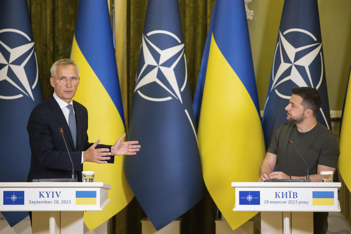 NATO Secretary General Jens Stoltenberg and Ukrainian President Volodymyr Zelensky attend their press conference in Kyiv on Sept. 28, 2023. (AP)