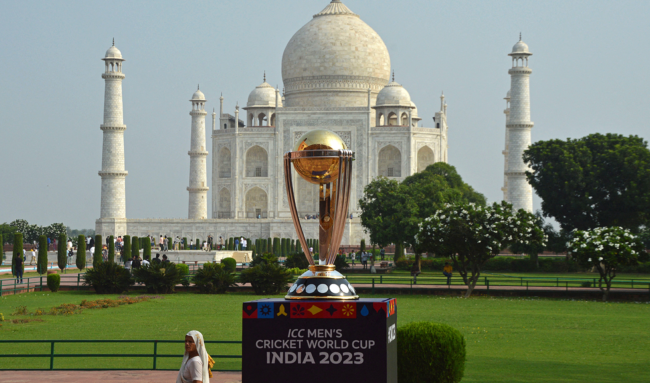 The ICC Men's Cricket World Cup 2023 trophy is displayed at the Taj Mahal in Agra on August 16, 2023. India hosts the one-day international (ODI) World Cup from October 5. (AFP/File)