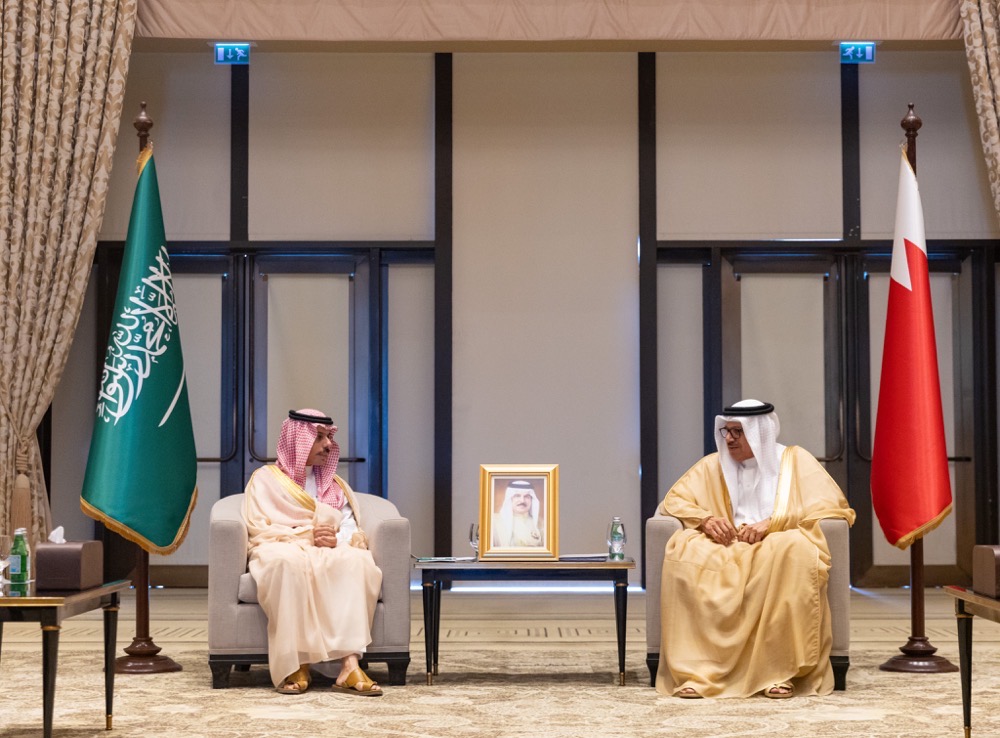 Saudi Foreign Minister Prince Faisal bin Farhan meets with Abdullatif bin Rashid Al-Zayani. (SPA