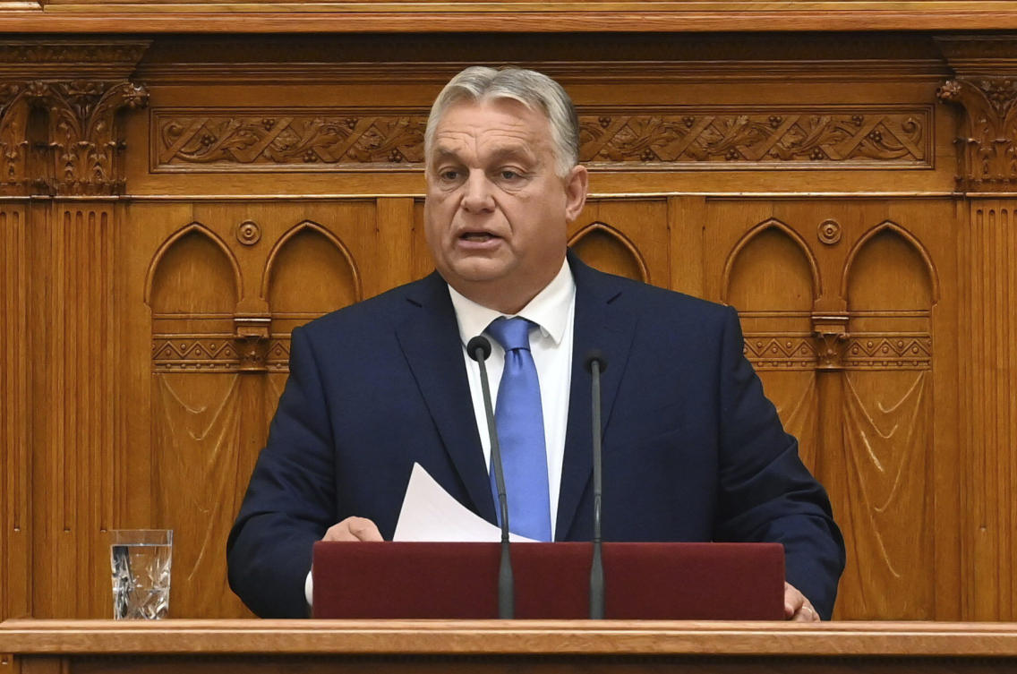 Hungarian Prime Minister Viktor Orban delivers his address on the opening day of the parliament’s autumn session in Budapest.(AP)