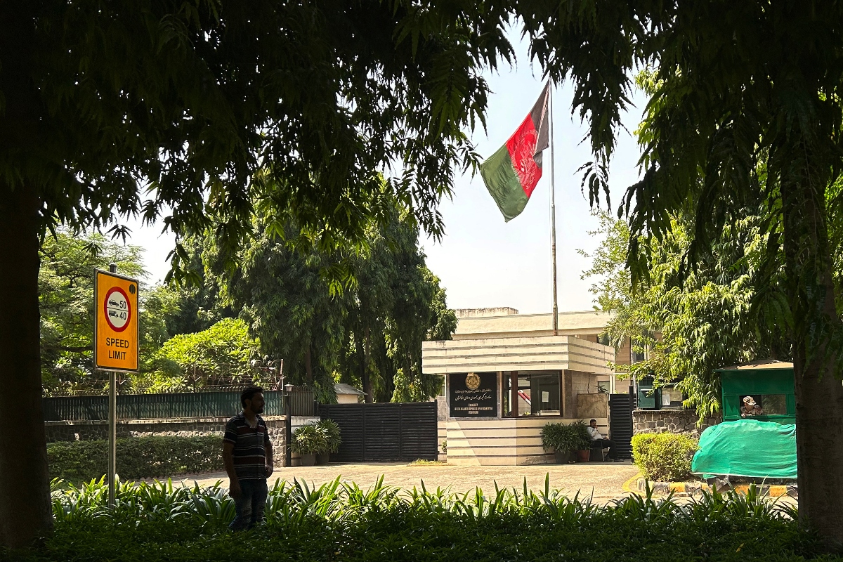 An Afghan national stands outside the embassy of the Islamic Republic of Afghanistan in New Delhi on Sept. 29, 2023. (AFP)