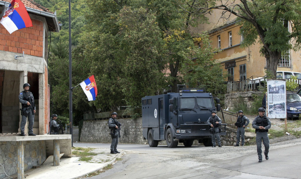 Kosovo police officers secure the area around the Banjska monastery in the village of Banjska, Kosovo on Wednesday, Sept. 27, 2023. (AP)