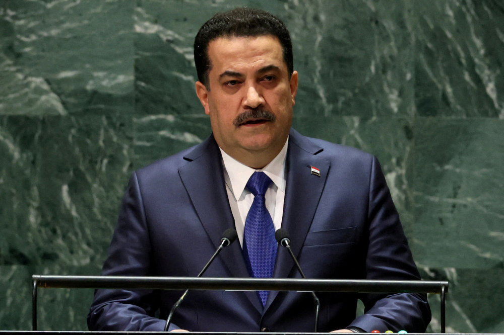 Prime Minister of Iraq Mohammed Shia Al Sudani addresses the 78th Session of UNGA in New York City, Sept. 22, 2023. (Reuters)