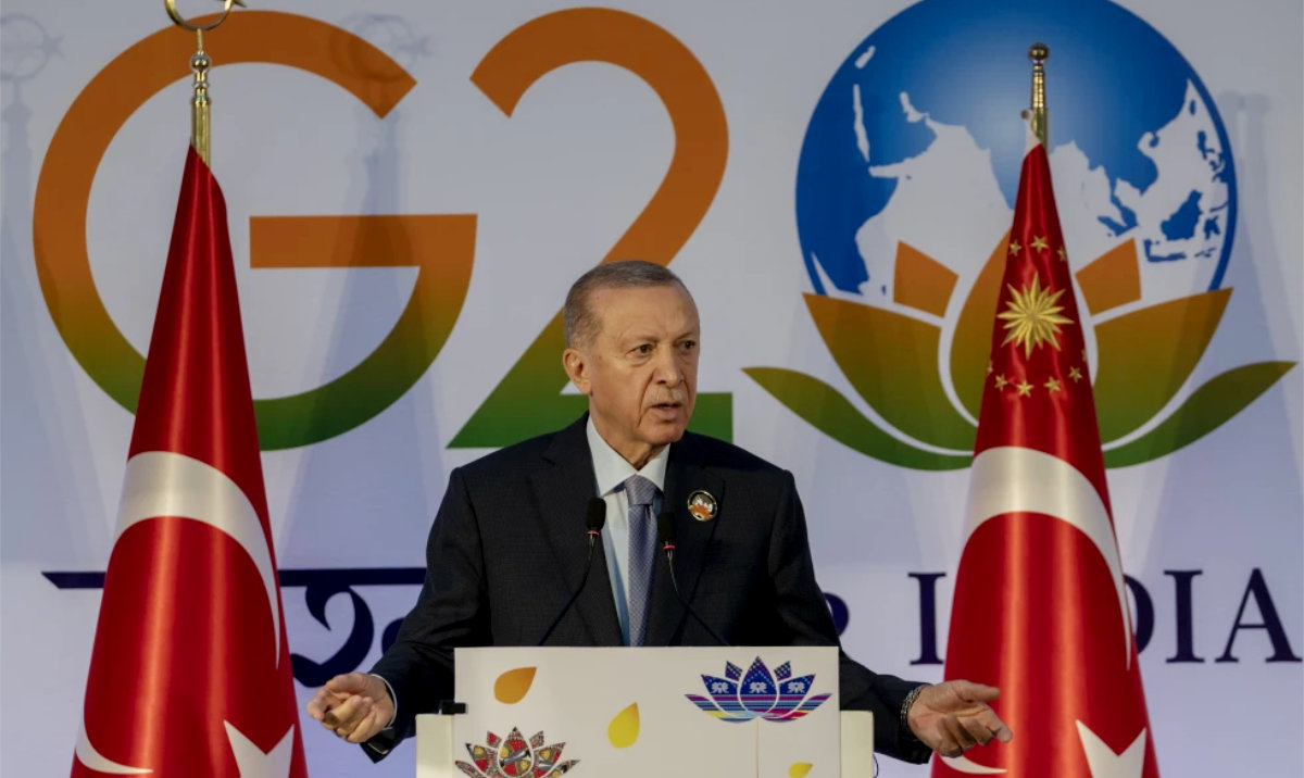 Turkish President Recep Tayyip Erdogan holds a news conference at the end of the G20 summit in New Delhi, India. (AP)