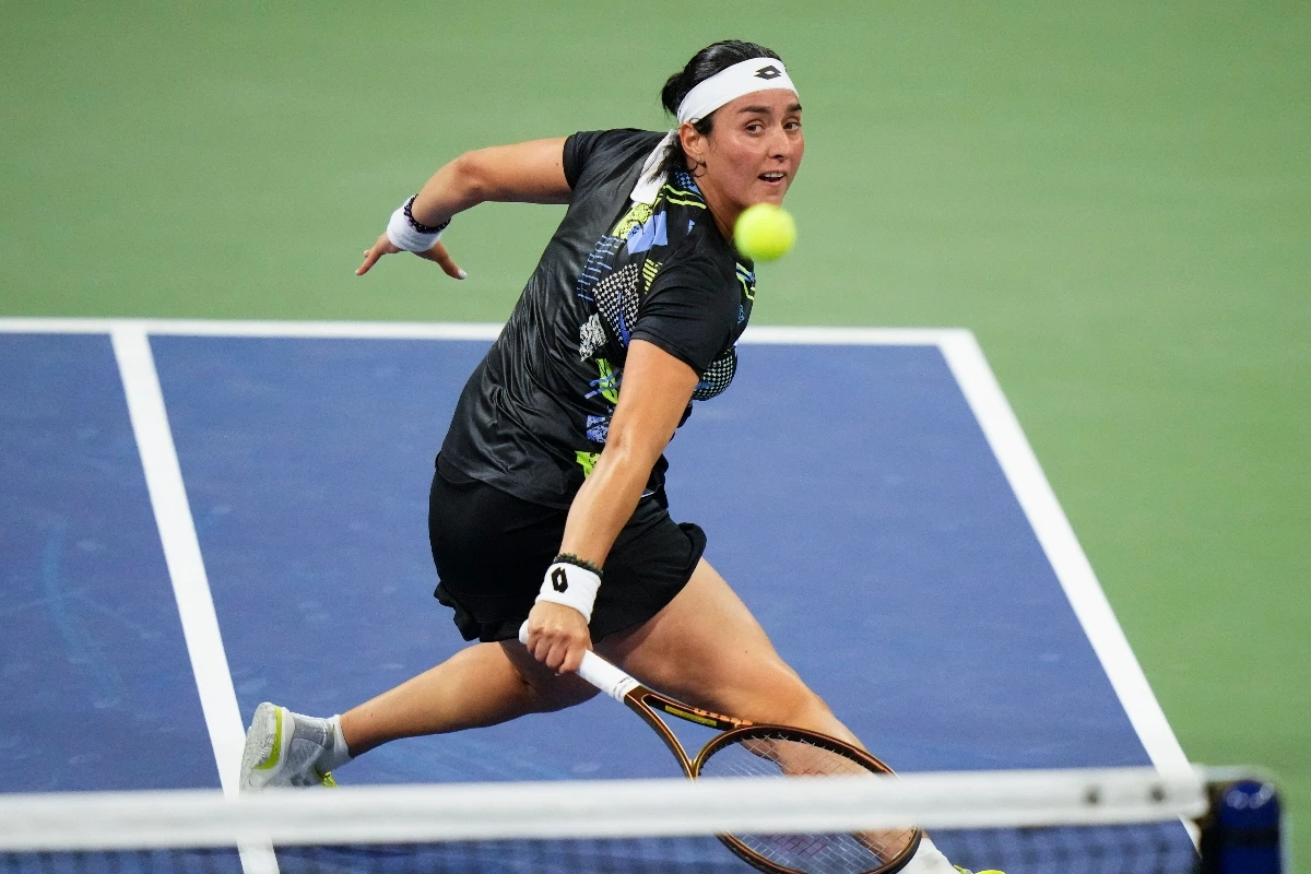 Ons Jabeur, of Tunisia, returns a shot to Noskova, of the Czech Republic, during the second round of the US Open tennis championships Thursday in New York. (AP)