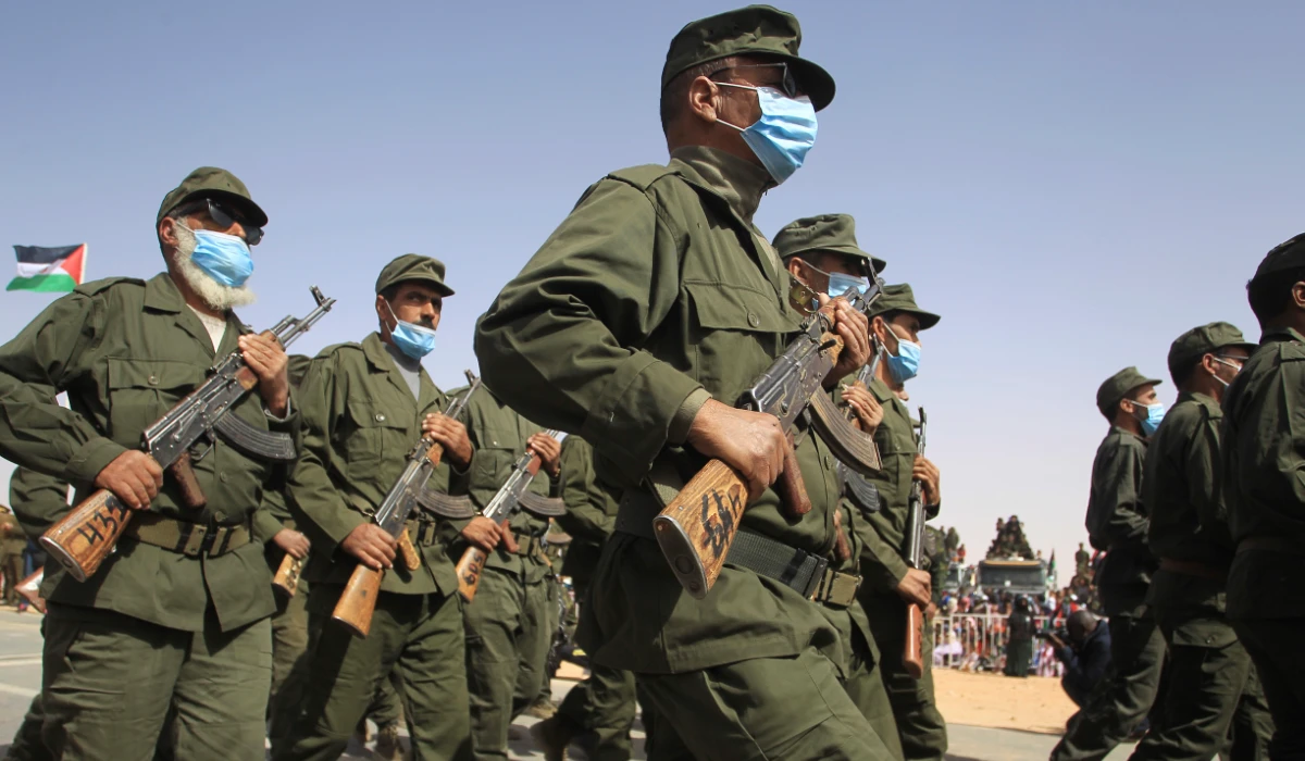Soldiers of the Sahrawi Arab Democratic Republic (SARD) parade during celebrations marking the 45th anniversary of the creation of the SARD Saturday, Feb.27 2021 near Tindouf, southern Algeria. (AP)