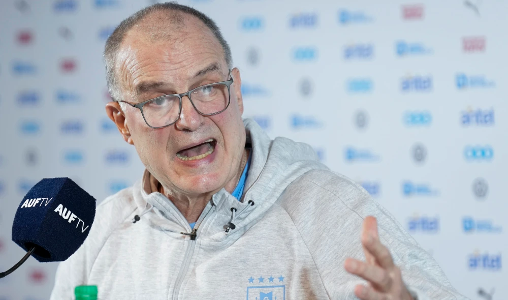 Uruguay national soccer team coach Marcelo Bielsa during a press conference in Montevideo, Uruguay, Saturda. Uruguay will face Chile in a qualifying soccer match for the FIFA World Cup 2026 on Friday. (AP)