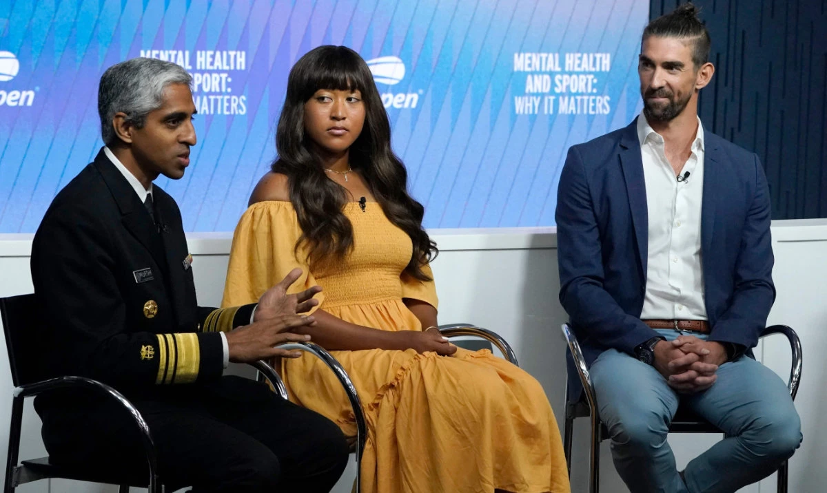 US Surgeon General Dr. Vivek Murthy, Japan's Naomi Osaka, and US swimmer Michael Phelps participate in a mental health forum entitled Mental Health and Sport: Why It Matters, on the sidelines of the US Open tennis tournament. (AFP)