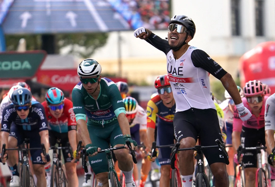 Team UAE Emirates' Colombian rider Sebastian Molano celebrates after winning the stage 12 of the 2023 La Vuelta cycling tour of Spain, a 150,6 km race between Olvega and Zaragoza. (AFP)