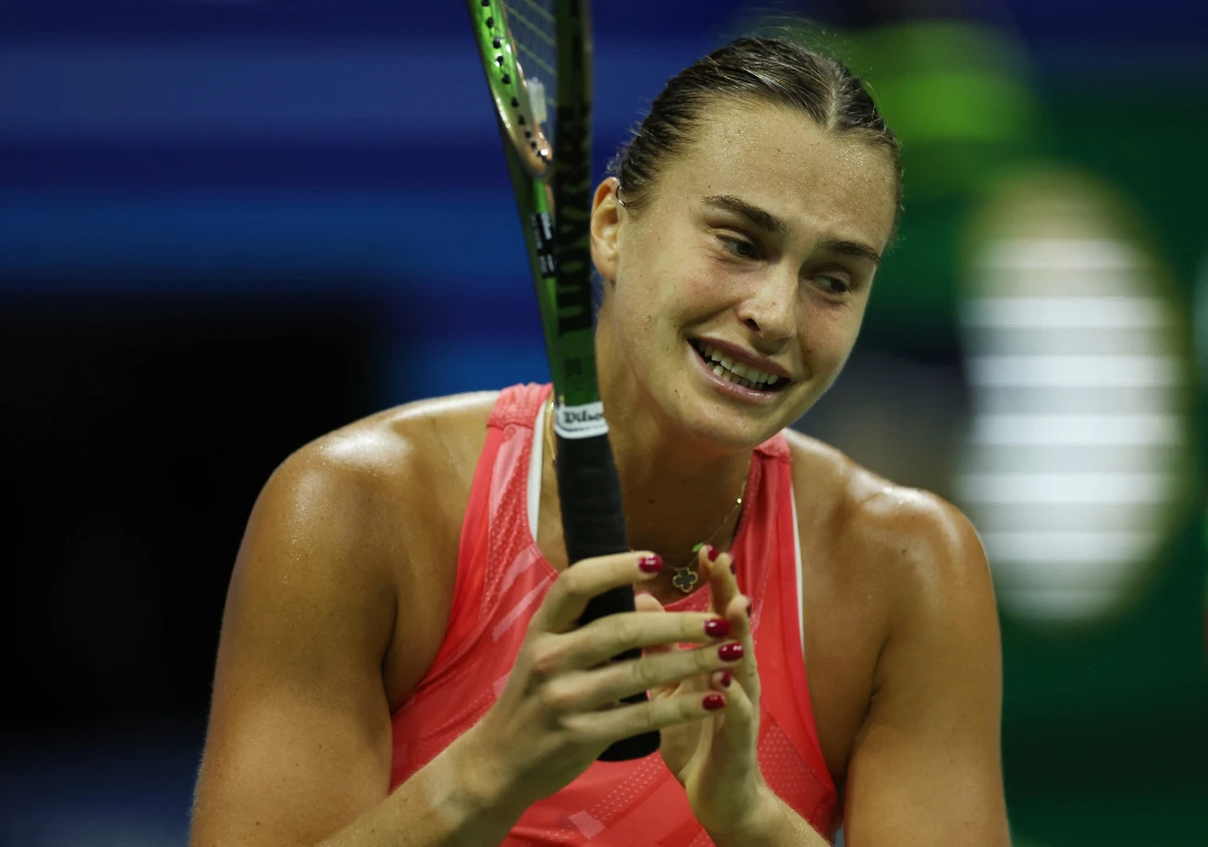 Belarus' Aryna Sabalenka celebrates after winnning her US Open semifinal match against Madison Keys of the US. (Reuters)