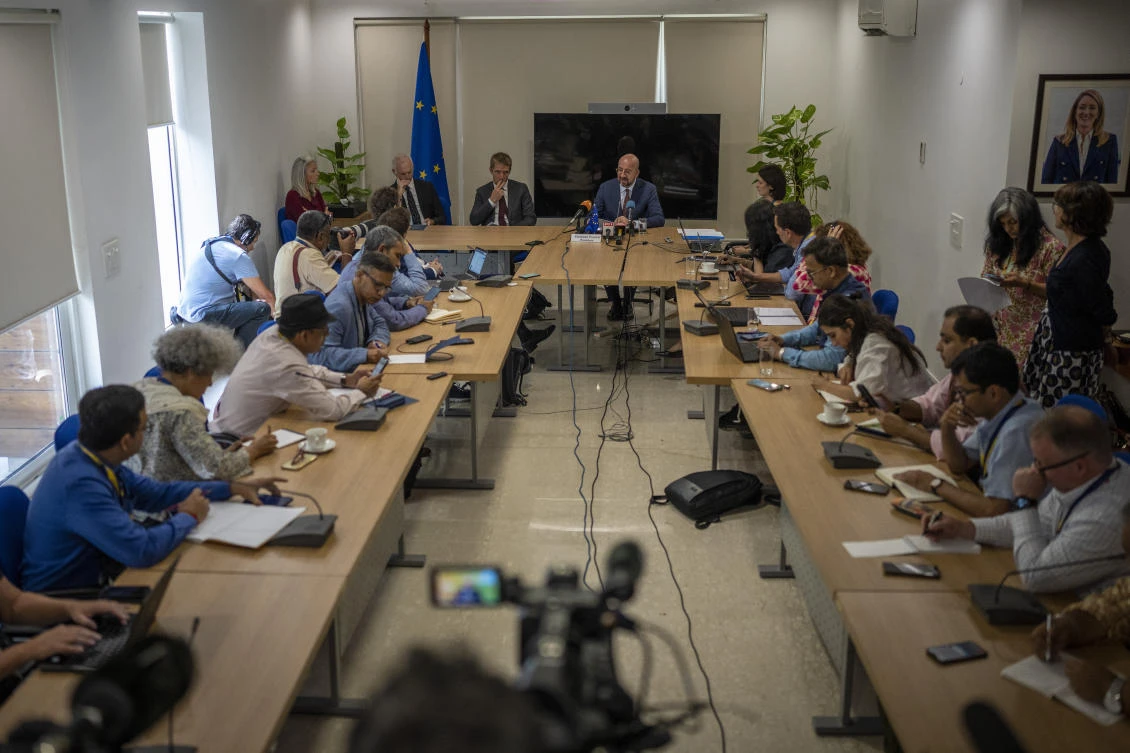 European Council President Charles Michel, center, addresses a press conference ahead of this week’s summit of the Group of 20 nations in New Delhi. (AP)